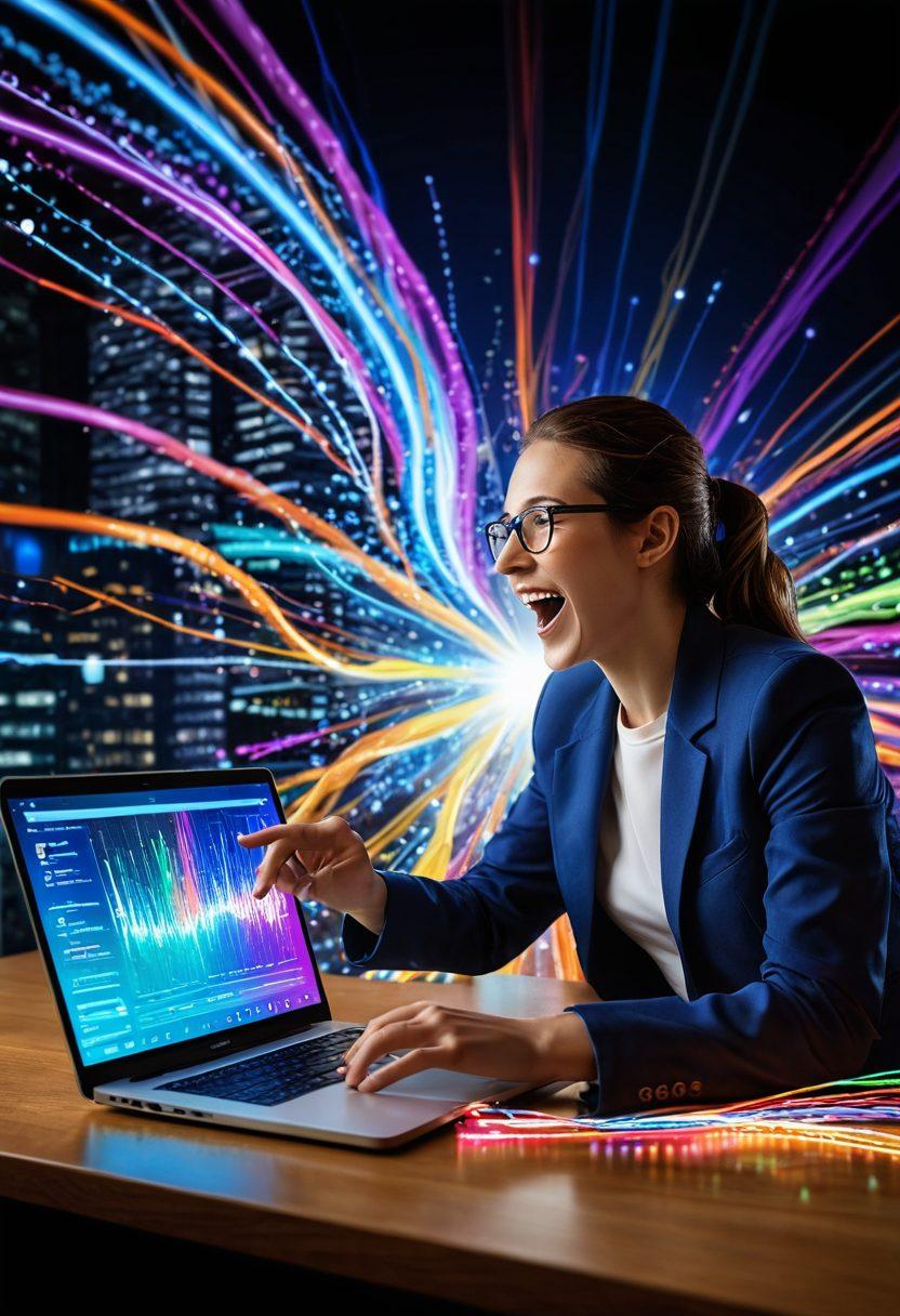 A dynamic scene illustrating a person joyfully using a laptop, surrounded by swirling, colorful data streams symbolizing internet speed tests. Include visual metaphors like speedometers and graphs emerging from the screen, with a bright skyline in the background showcasing a connected world. The atmosphere should exude energy and excitement about mastering online performance. vibrant colors. super-realistic.