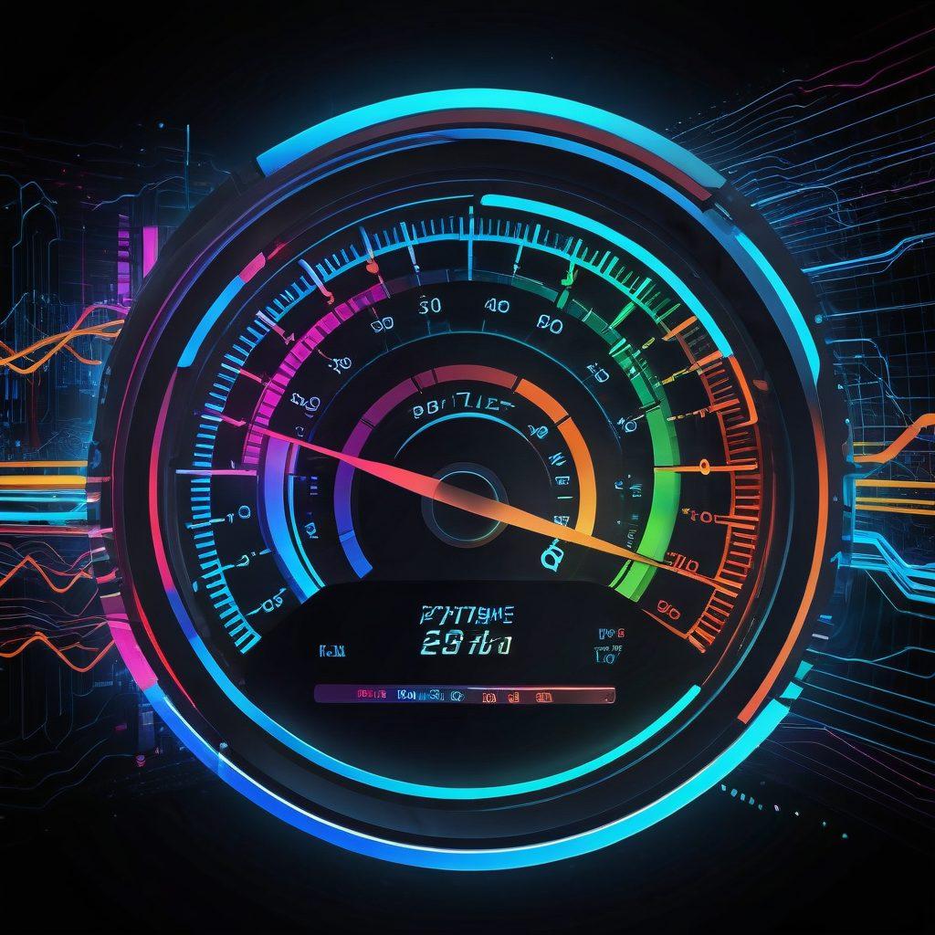 A conceptual image showcasing a high-tech speedometer with varying latency and download rates depicted as colorful lines and graphs. Include elements like digital clouds symbolizing data transfer and a background of abstract code. The scene should evoke a sense of dynamic movement and technology. Bright neon colors with a futuristic feel. 3D. vibrant colors.