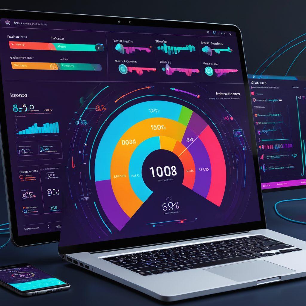 A visually striking infographic depicting various internet performance metrics such as download speed, upload speed, latency, and packet loss, represented by colorful graphs and charts. In the background, an abstract representation of a digital network with nodes and connections symbolizing data flow. Incorporate elements of speed, with dynamic lines and arrows emphasizing movement. A laptop or smartphone displaying a speed test results screen should be featured prominently. modern design. vibrant colors. digital art.
